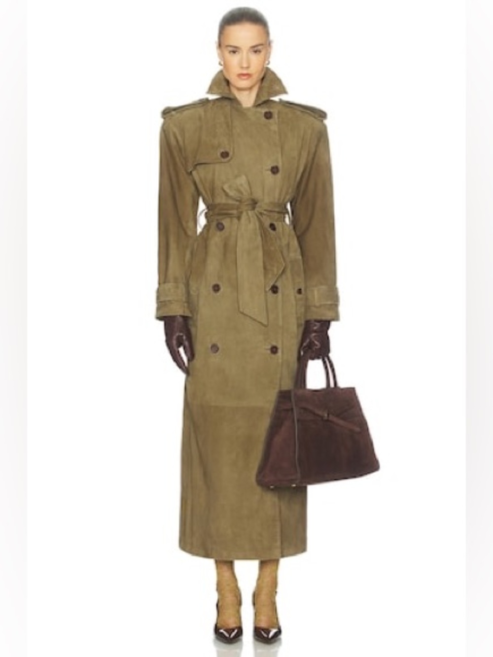 Helsa Suede Trench Coat in Khaki Green